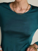 [Posy Green] SilkSilky-AU Silk Jersey Long Sleeve Round Neck Women's T-Shirt 008