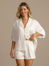 [White] SilkSilky-AU 19Momme Machine-Washable Silk Half Sleeve Notch Collar Women's Pyjamas 007