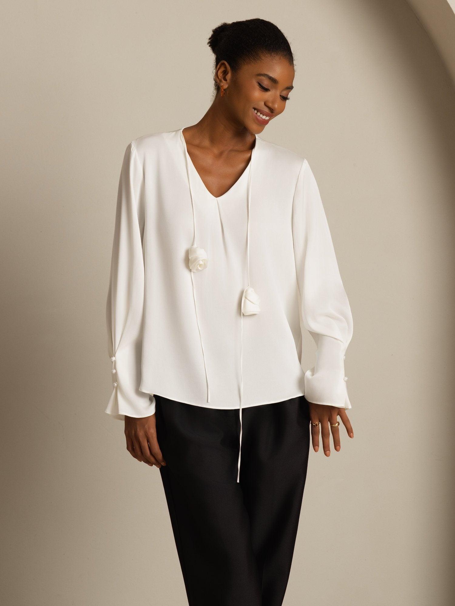 [White] SilkSilky-AU 19Momme Stretch Silk Double Georgette Long Sleeve V Neck Blouse 005