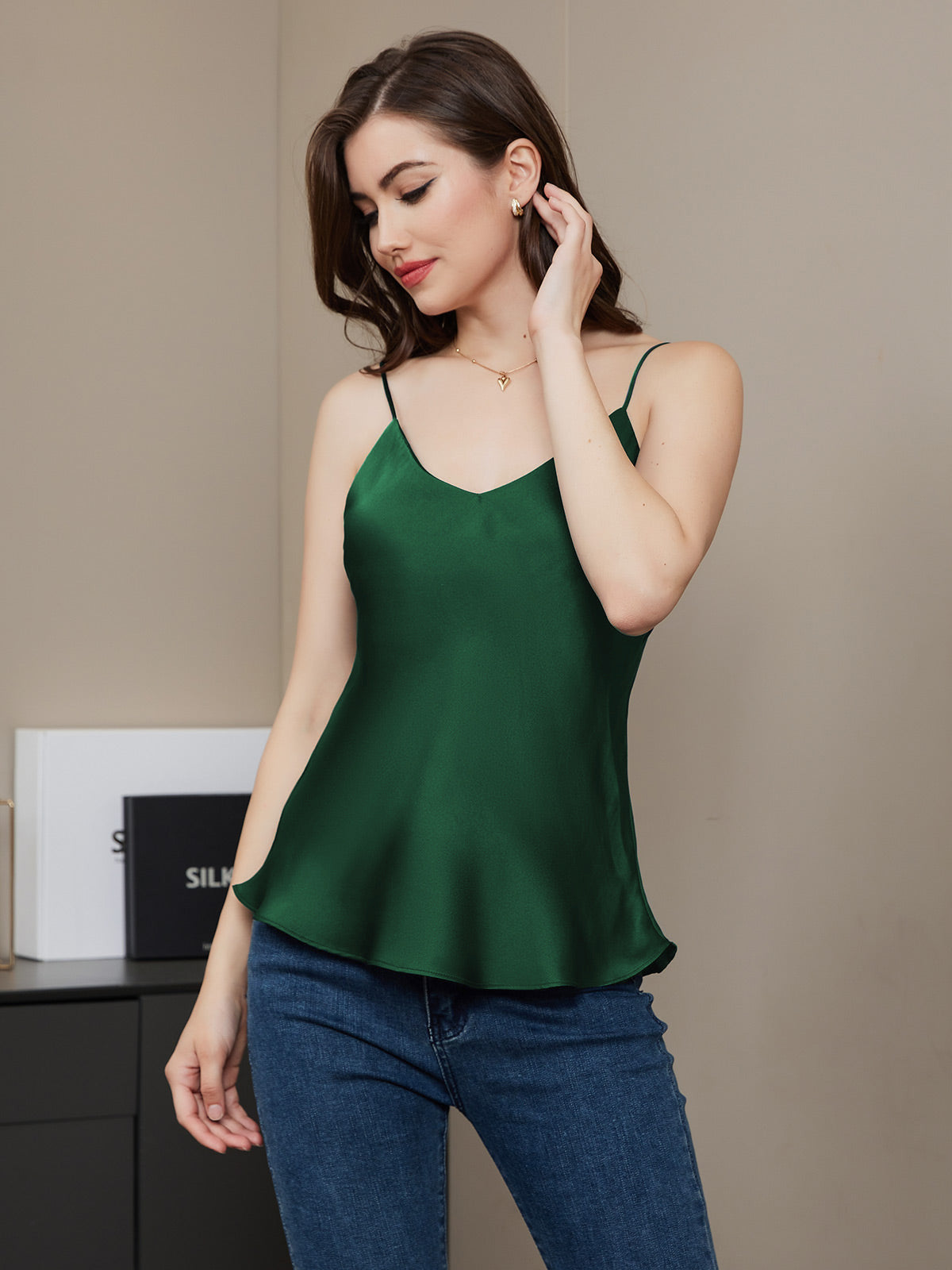 [Dark Green] SilkSilky-AU Pure Silk Sleeveless V Neck Camisole 005