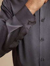 [Dark Gray] SilkSilky-AU 19Momme Stretch Silk Charmeuse Long Sleeve Lapel Collar Men's Shirt 007