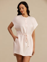 [Pink] SilkSilky-AU 18Momme Silk Satin Surah Cap Sleeve Henley Neck Dress 003