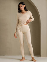 [Beige] SilkSilky-AU Long Sleeve V Neck Women's Long Johns 006