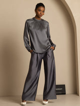 [Dark Gray] SilkSilky-AU 19Momme Stretch Silk Charmeuse Long Sleeve Round Neck Blouse 003