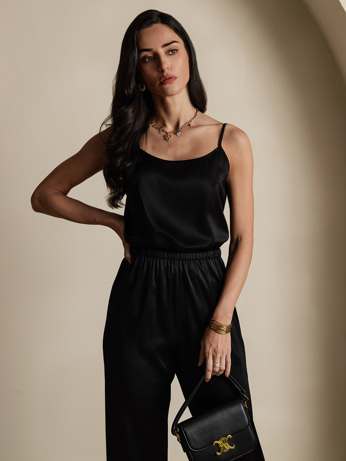 [Black] SilkSilky-AU 19Momme Silk Spaghetti Strap Round Neck Camisole 003