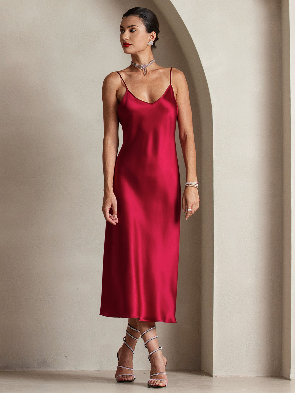 [Wine] SilkSilky-AU Spaghetti Strap V Neck Dress 005