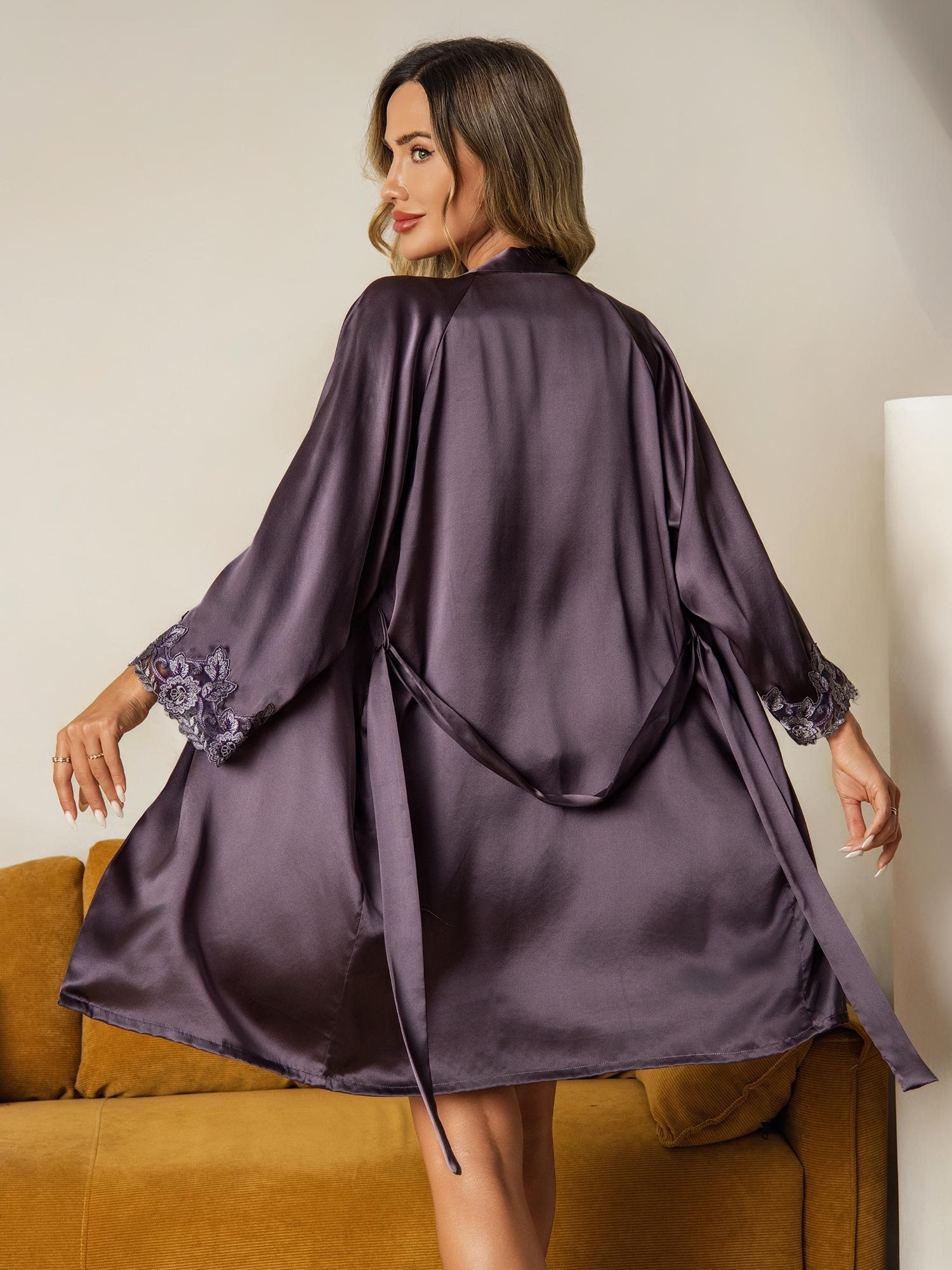 [PurpleGray] SilkSilky-AU Pure Silk V Neck Nightgown&Dressing Gown Set 003