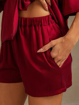 [Wine] SilkSilky-AU 19Momme Machine-Washable Silk Half Sleeve Notch Collar Women's Pyjamas 005