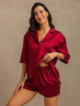 [Wine] SilkSilky-AU 19Momme Machine-Washable Silk Half Sleeve Notch Collar Women's Pyjamas 006