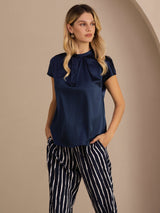 [Dark Blue] SilkSilky-AU Short Sleeve Split Women's Blouse 004