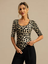 [Leopard] SilkSilky-AU 100% Silk Jersey Half Sleeve Scoop Neck Women's T-Shirt 001
