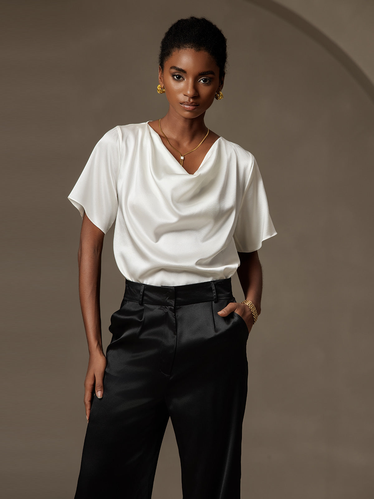 [White] SilkSilky-AU 19Momme Silk Short Sleeve Cowl Neck Blouse 004