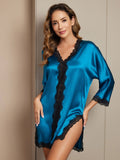 SilkSilky AU Pure Silk 3/4 Sleeve V Neck Nightgown Teal 005