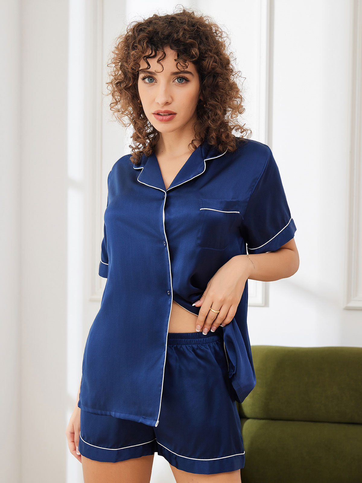 SilkSilky-AU Pure Silk Short Sleeve Lapel Women's Pyjamas DarkBlue 003