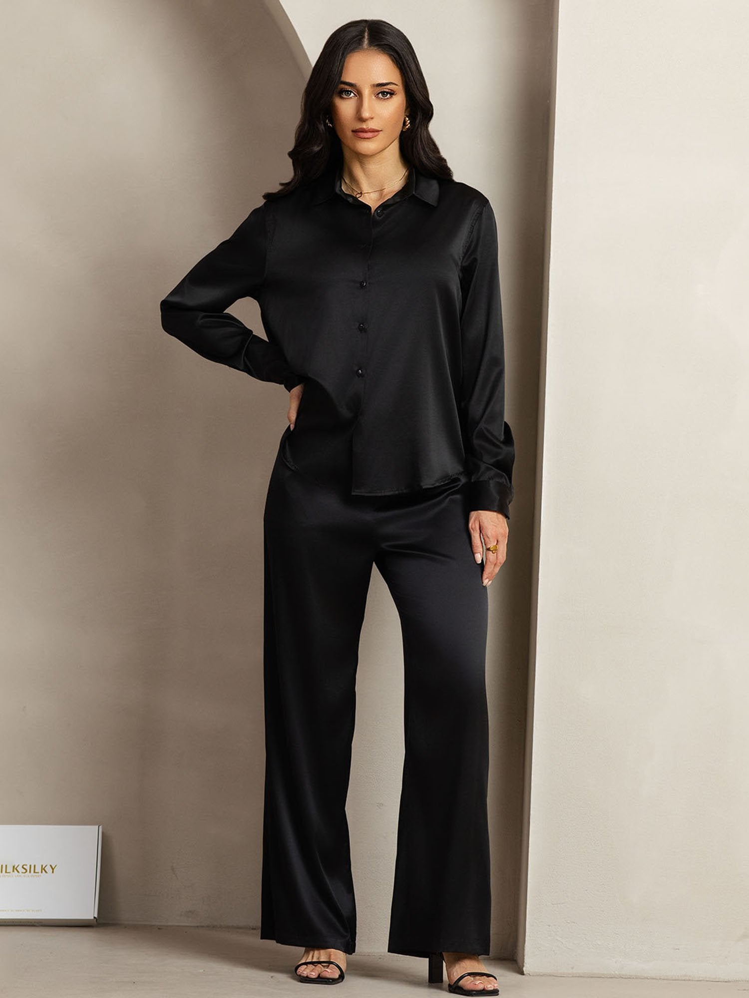 [Black] SilkSilky-AU 19Momme Silk Lapel Collar Women''s Outfit Sets 004