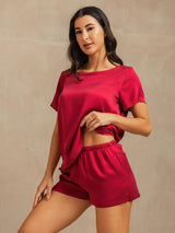 [Wine] SilkSilky-AU 19Momme Machine-Washable Silk Short Sleeve Round Neck Women's Pyjamas 007