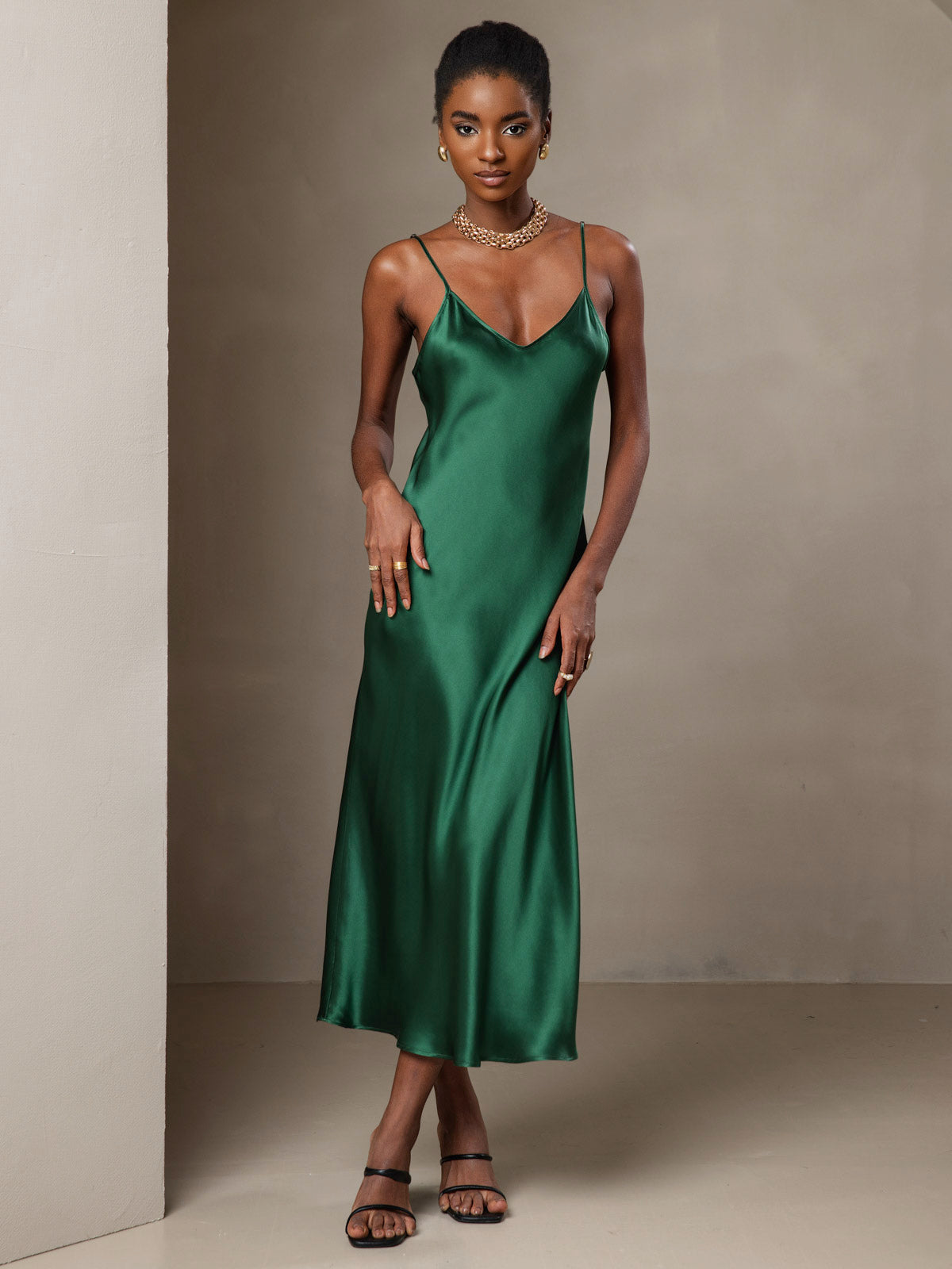 SilkSilky-AU Pure Silk Sleeveless Round Neck Dress Green 007