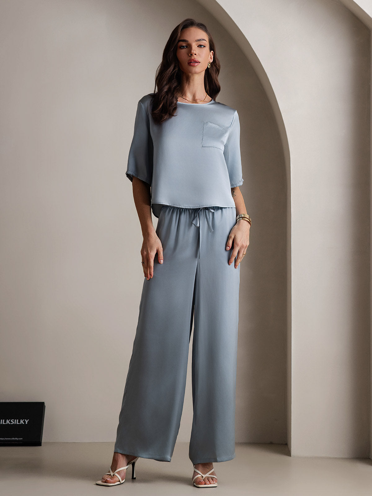 [Grayish Blue] SilkSilky-AU Pure Silk Round Neck Women's Pyjamas 003