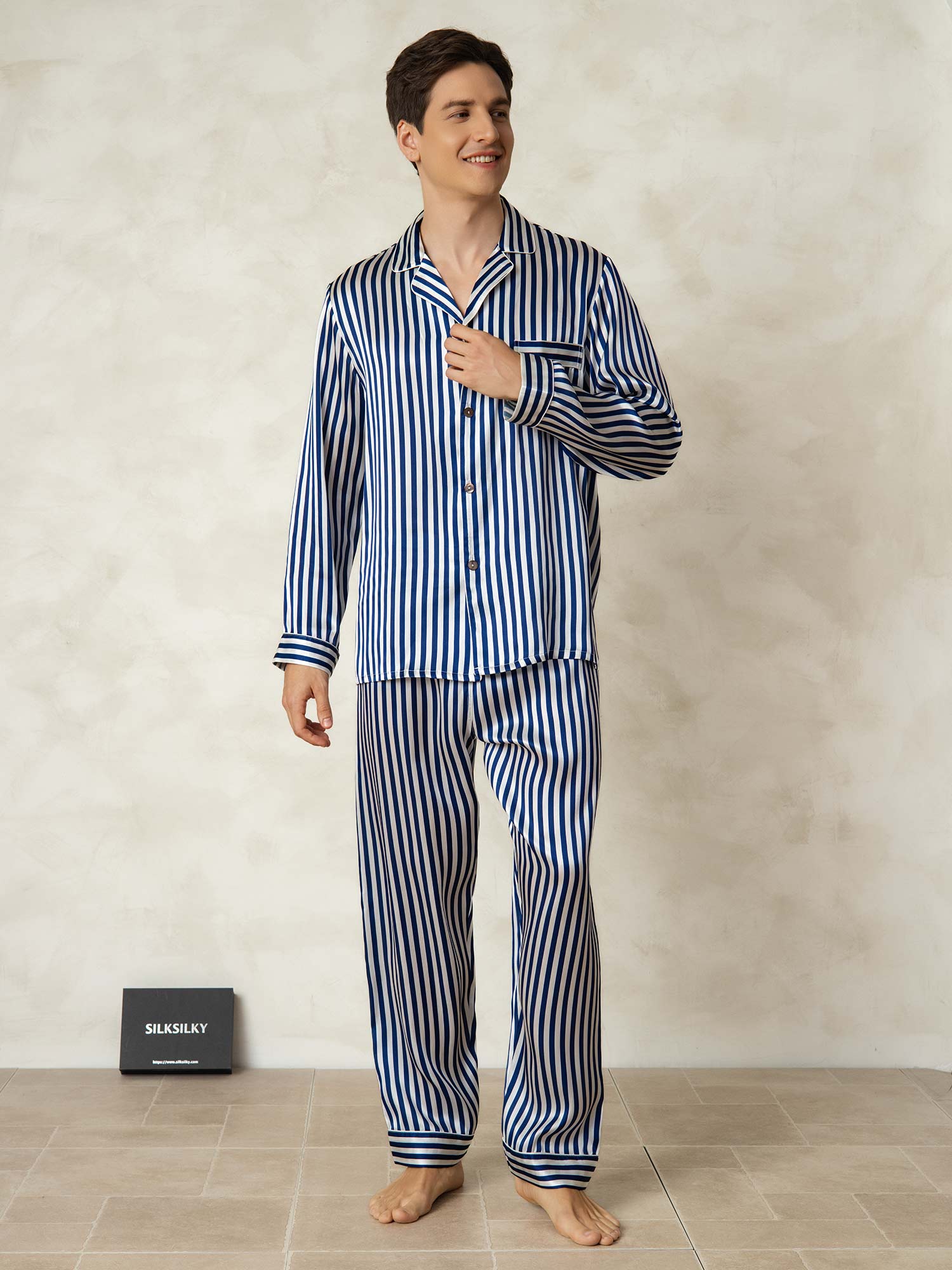 [Navy Stripe] SilkSilky-AU 19Momme Pure Silk Mens Pajamas 003