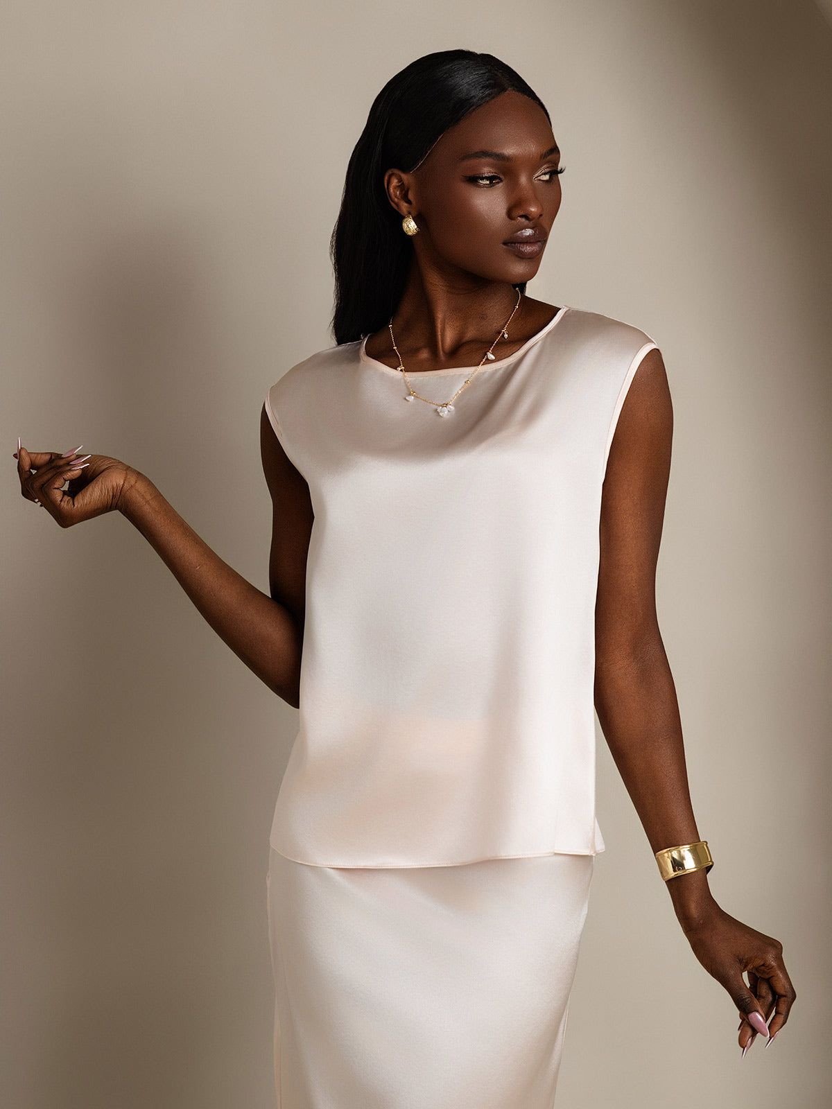 [Pink] SilkSilky-AU 19Momme Silk Round Neck Women's T-Shirt 005