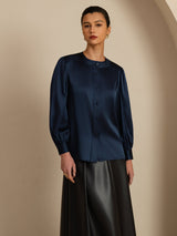 [Dark Blue] SilkSilky-AU 19Momme Long Sleeve Round Neck Blouse 003