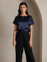 [Dark Blue] SilkSilky-AU 19Momme Stretch Silk Charmeuse Short Sleeve Boat Neck Women's T-Shirt 001
