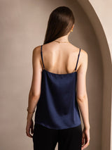 [Dark Blue] SilkSilky-AU 19Momme Stretch Silk Charmeuse Spaghetti Strap Scoop Neck Camisole 002