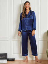 [Dark Blue] SilkSilky-AU Pure Silk Long Sleeve Notch Collar Women's Pyjamas 004