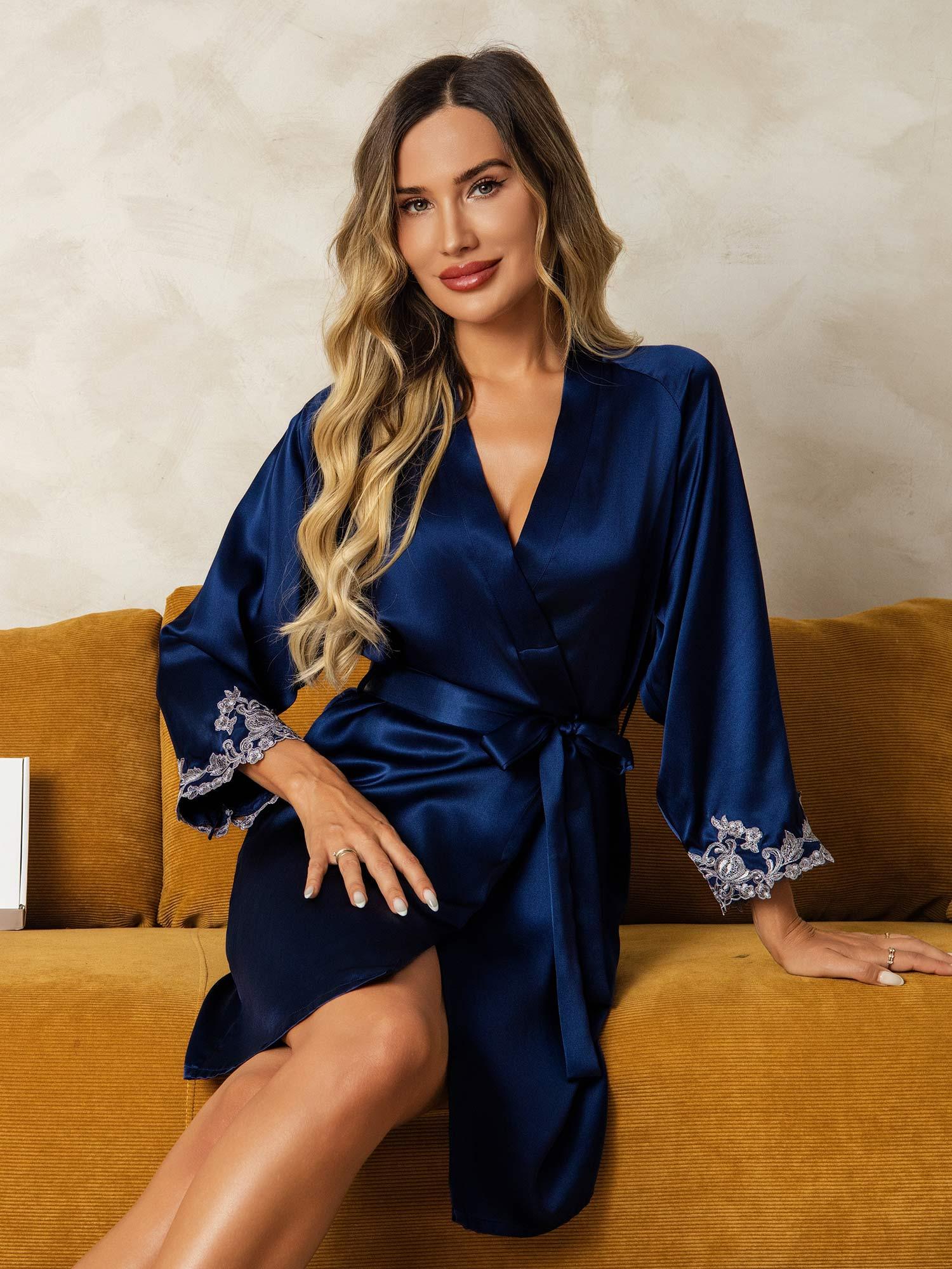 [Dark Blue] SilkSilky-AU Pure Silk Split Women's Dressing Gown 004