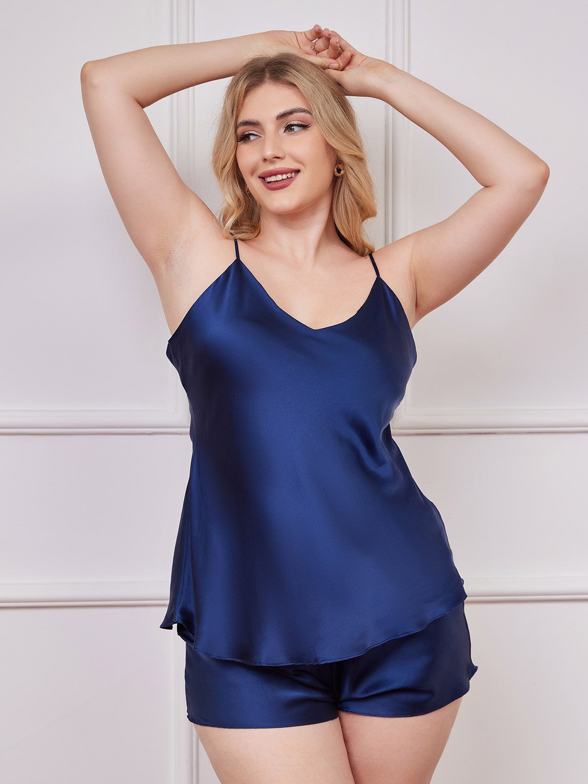 SilkSilky AU Pure Silk Deep V Neck Plus Size Camisole Set DarkBlue 001