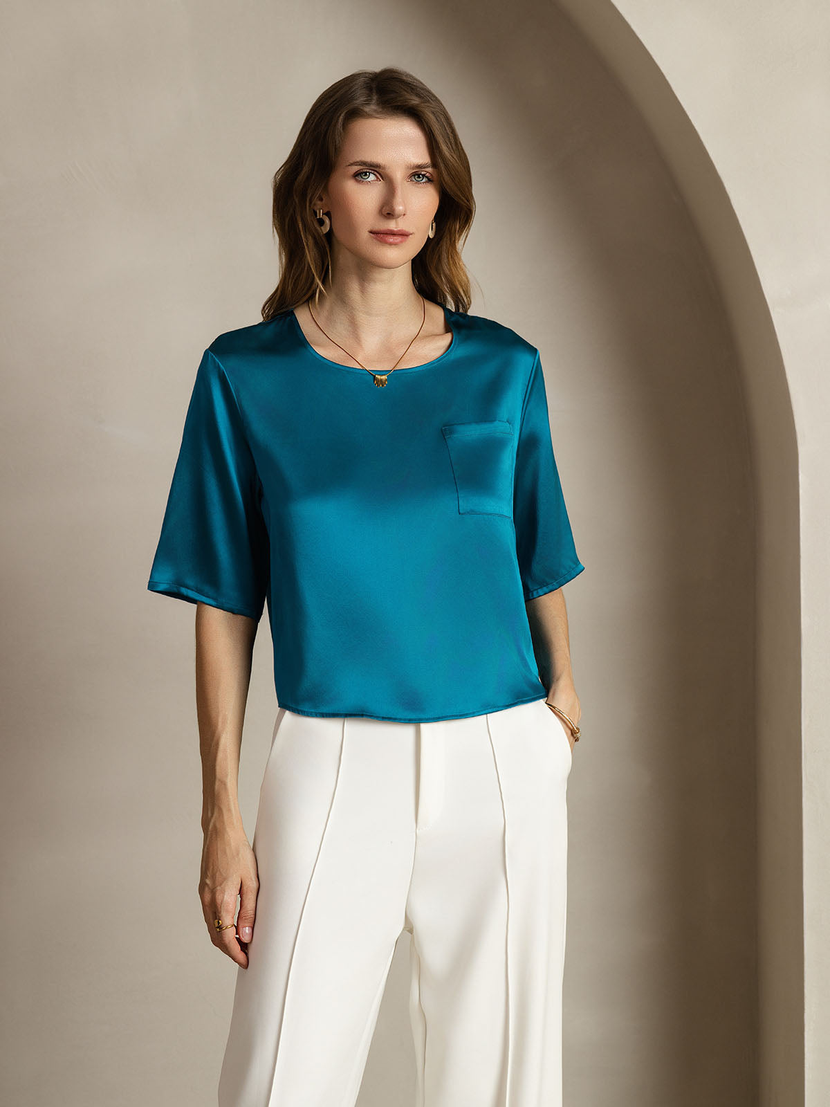 [Teal] SilkSilky-AU Pure Silk Boat Neck Women's T-Shirt 001