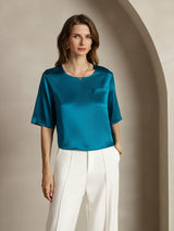 [Teal] SilkSilky-AU Half Sleeve Scoop Neck Women's T-Shirt 001