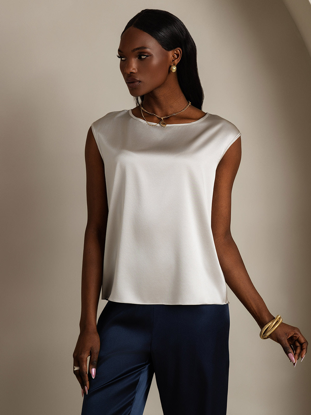 [Light Gray] SilkSilky-AU 19Momme Stretch Silk Charmeuse Cap Sleeve Round Neck Women's T-Shirt 004