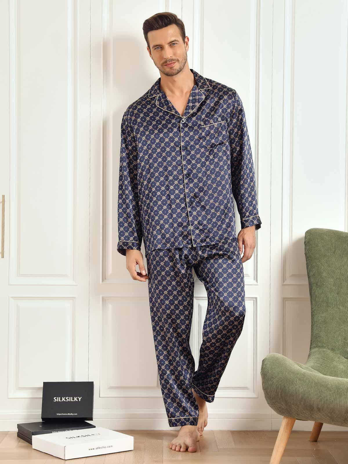 SilkSilky AU 19Momme Pure Silk Long Sleeve Lapel Men's Pyjamas DarkBlue 002