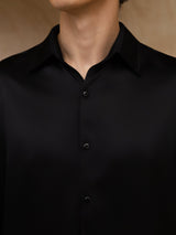 [Black] SilkSilky-AU 19Momme Stretch Silk Charmeuse Long Sleeve Lapel Collar Men's Shirt 006