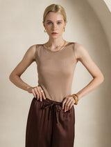 [Coffee] SilkSilky-AU 100% Silk Jersey Sleeveless Round Neck Women's T-Shirt 007