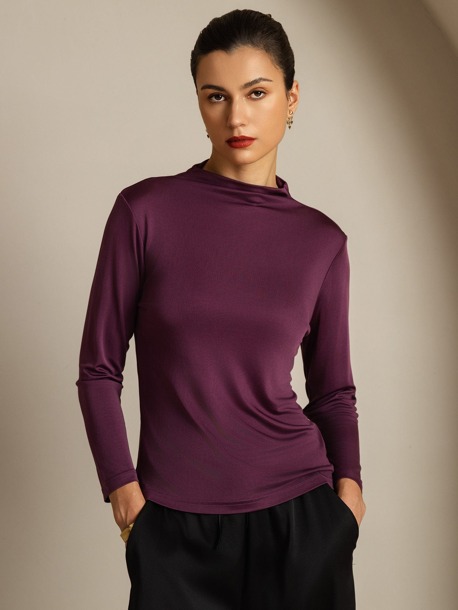 [Purple] SilkSilky-AU Pure Silk High Neck Women's T-Shirt 001