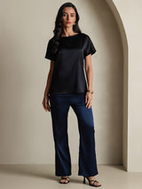 [Black] SilkSilky-AU 19Momme Stretch Silk Charmeuse Short Sleeve Boat Neck Women's T-Shirt 006