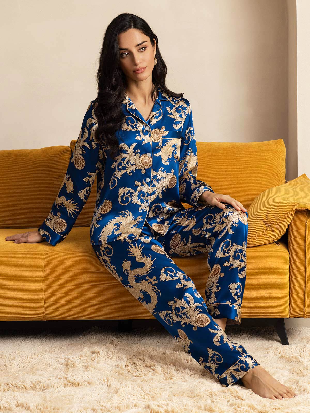 [Navy Dragon] SilkSilky-AU Pure Silk Womens Pajamas 008