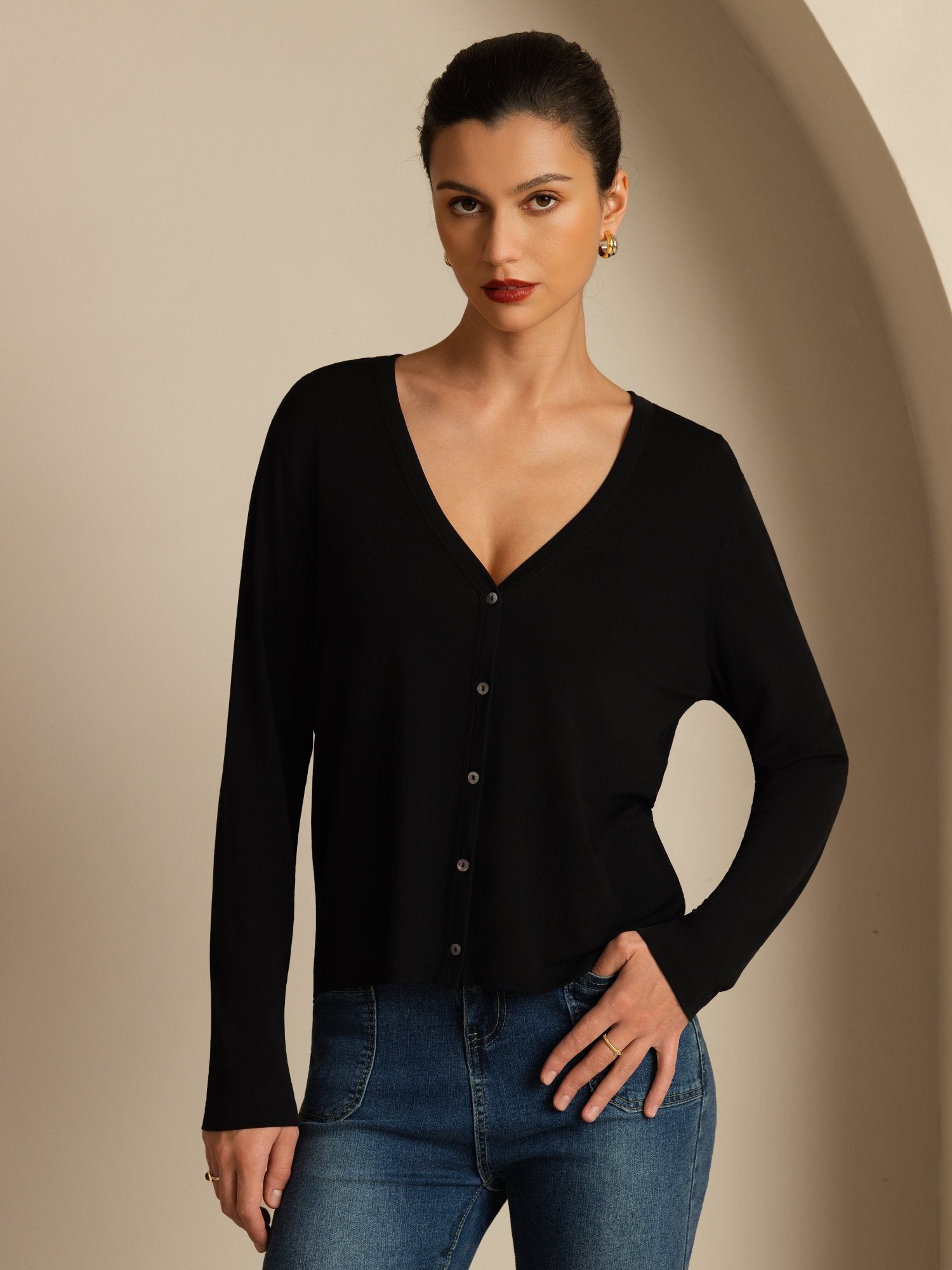 [Black] SilkSilky-AU 19Momme 100% High-Twist Silk Jersey Long Sleeve V Neck Women's Cardigan 003