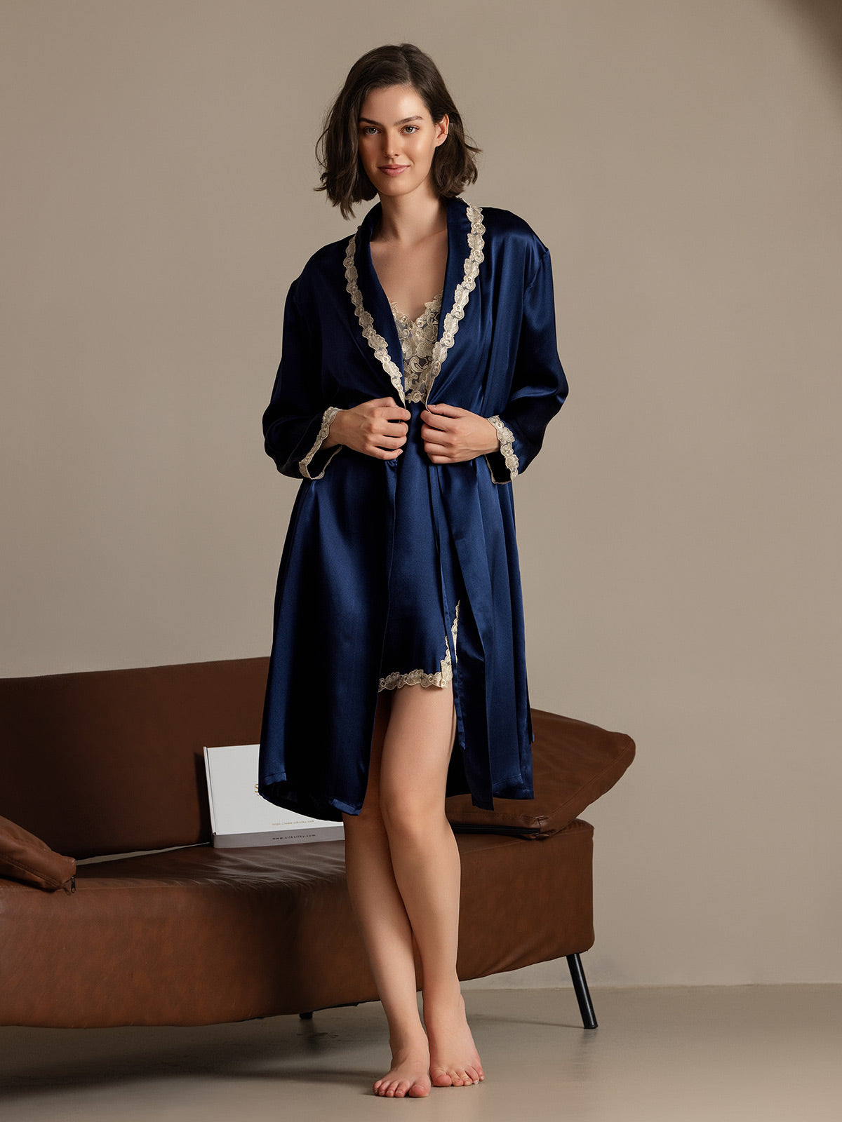 SilkSilky-AU Pure Silk Long Sleeve V Neck Women's Dressing Gown DarkBlue 001