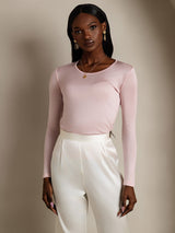[Coral Pink] SilkSilky-AU Silk Jersey Long Sleeve Round Neck Women's T-Shirt 003
