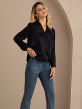 [Black] SilkSilky-AU Long Sleeve Wrap Women's Blouse 004