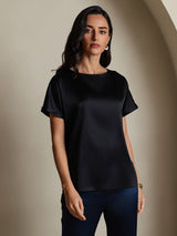 [Black] SilkSilky-AU 19Momme Stretch Silk Charmeuse Short Sleeve Boat Neck Women's T-Shirt 001