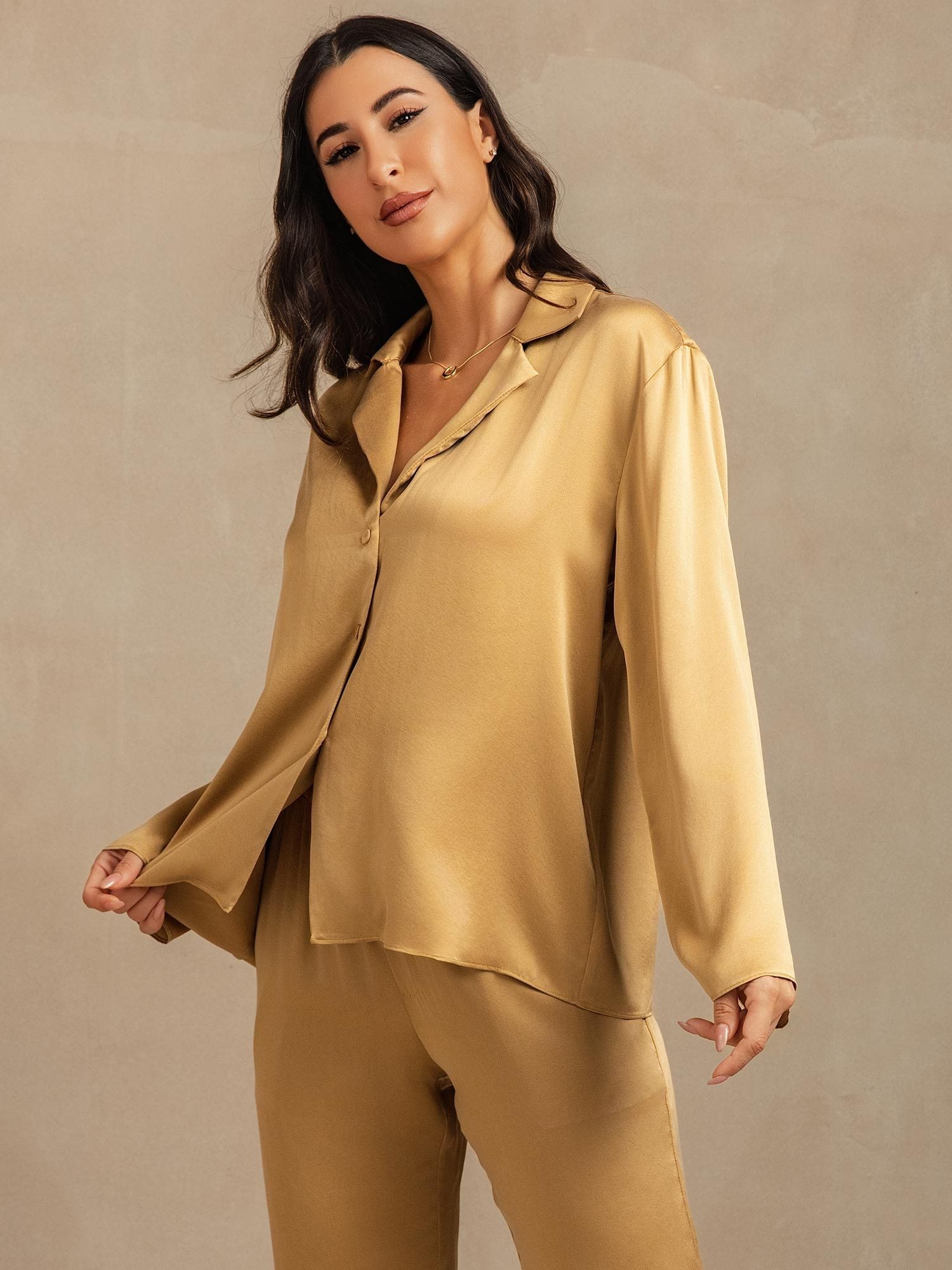 [Tan] SilkSilky-AU 19Momme Machine-Washable Silk Long Sleeve Notch Collar Women's Pyjamas 008