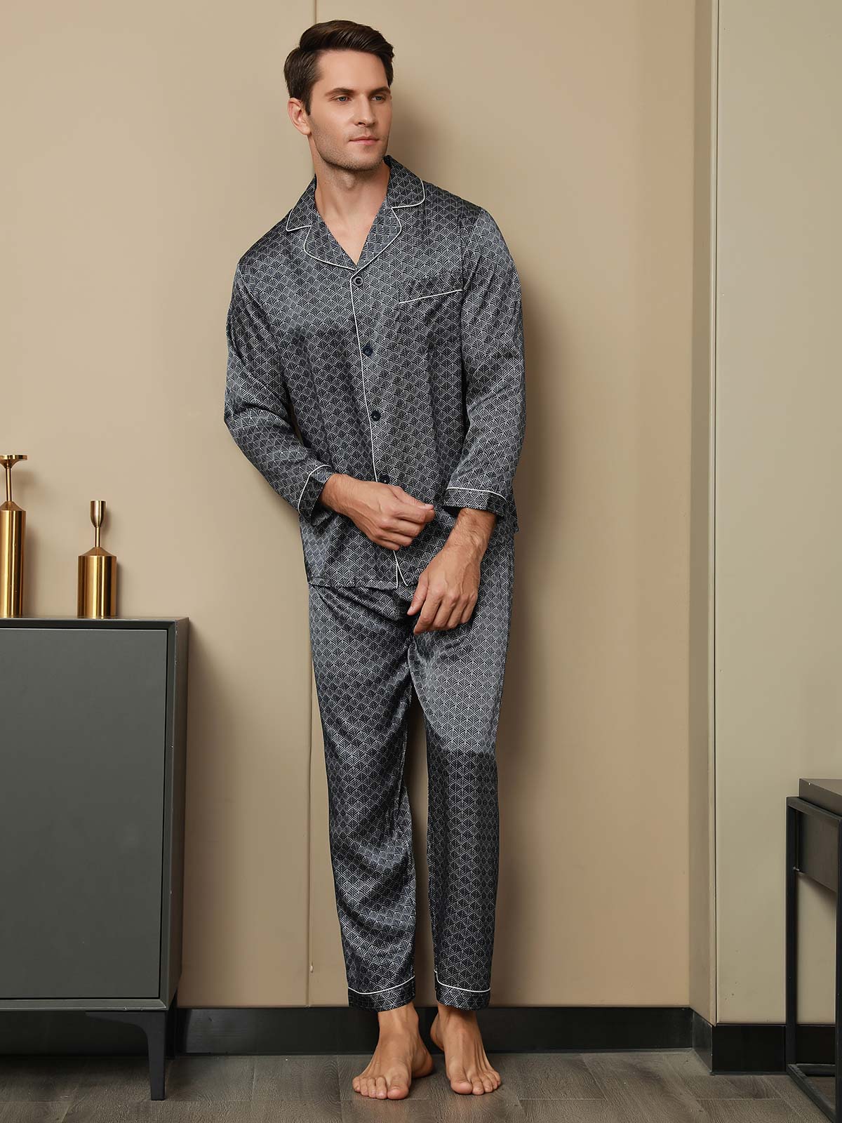 [Navy Ginkgo] SilkSilky-AU 19Momme Long Sleeve Notch Collar Men's Pyjamas 004
