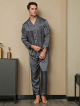[Navy Ginkgo] SilkSilky-AU 19Momme Long Sleeve Notch Collar Men's Pyjamas 012