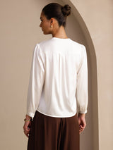 [White] SilkSilky-AU Long Sleeve Wrap Women's Blouse 002