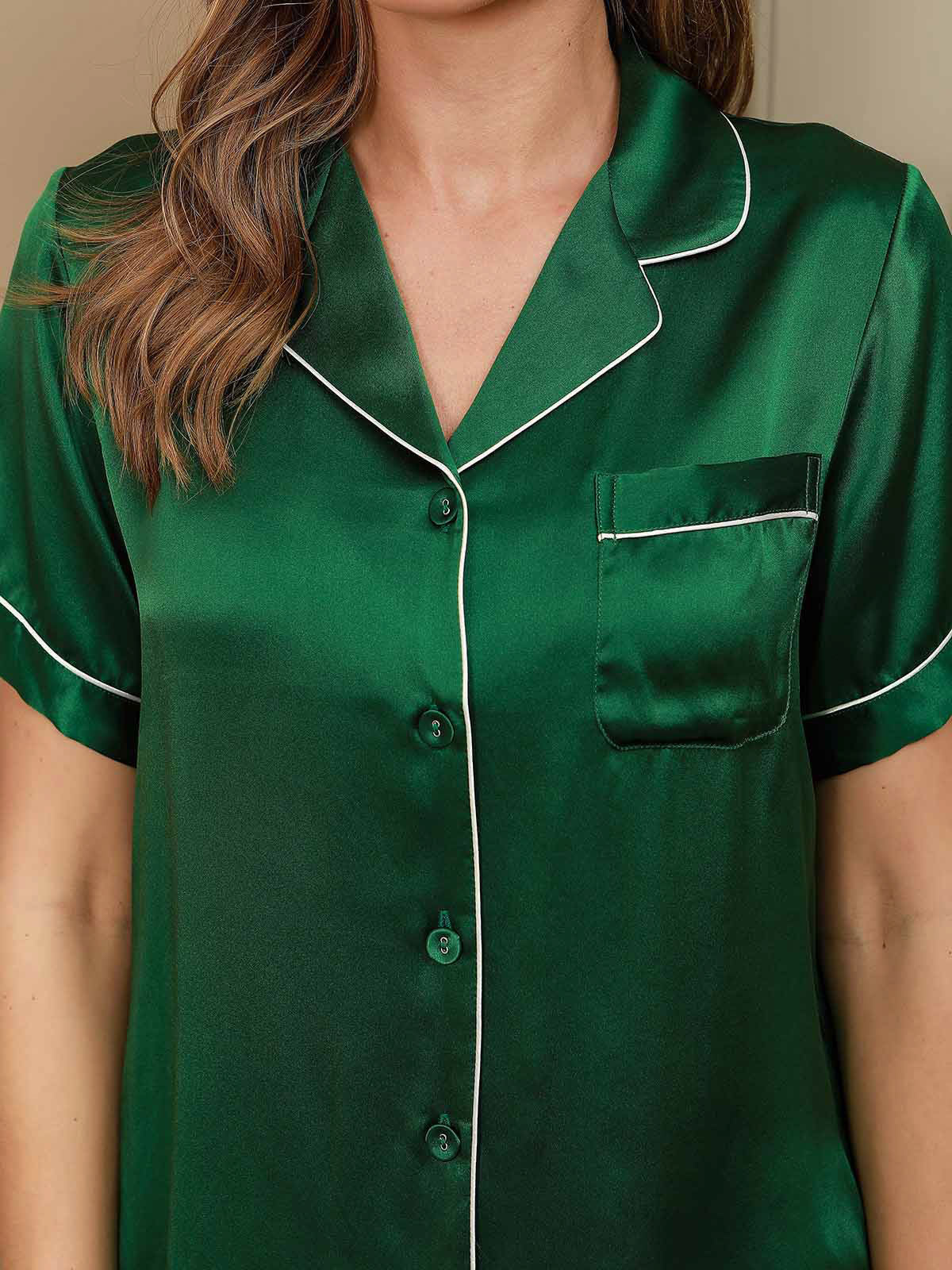 SilkSilky-AU Pure Silk Short Sleeve Lapel Women's Pyjamas Green 004