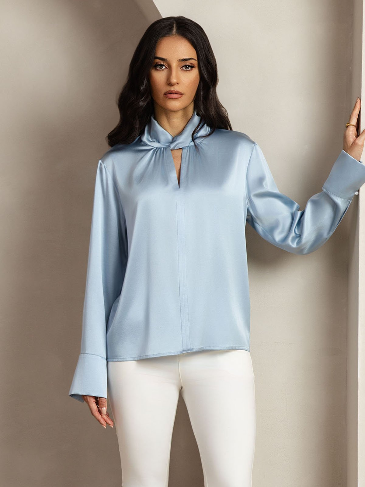 [GrayishBlue] SilkSilky-AU 19Momme Silk Keyhole Neck Women's Shirt 009